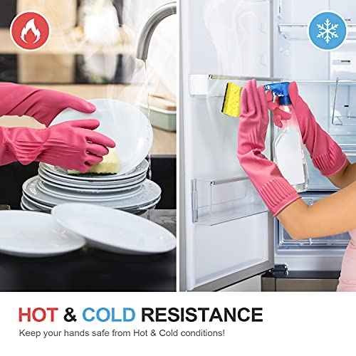 Mamison 2 Pairs Reusable Waterproof Dishwashing Gloves - Non-Slip Kitchen Cleaning Gloves (Pink, Medium)