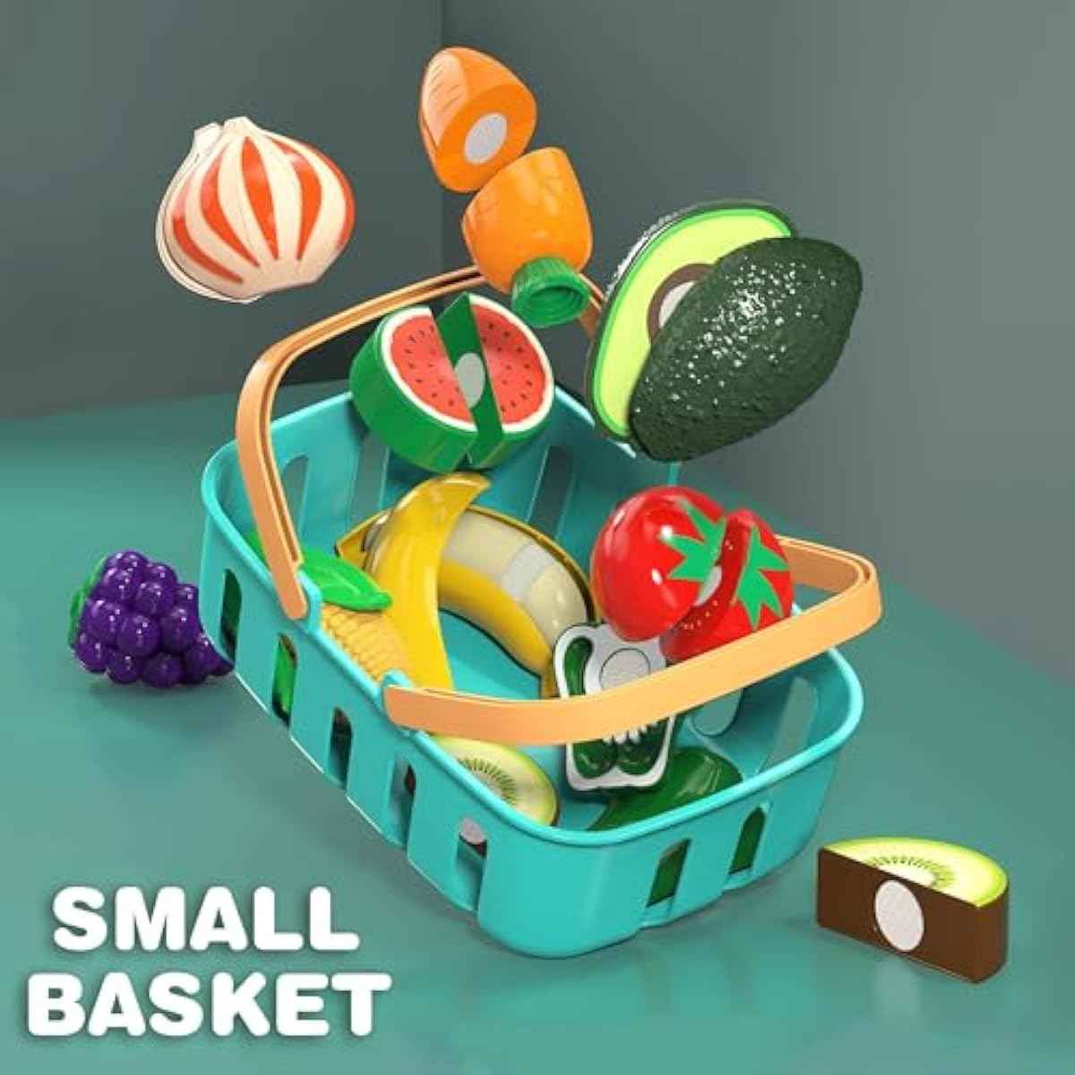 Kids pretend play cutting food toys with storage basket and knives, educational gift for toddlers