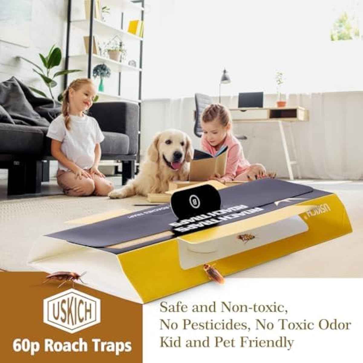20-pack child & pet safe cockroach traps with strong adhesive, yellow color and 6-month lifespan
