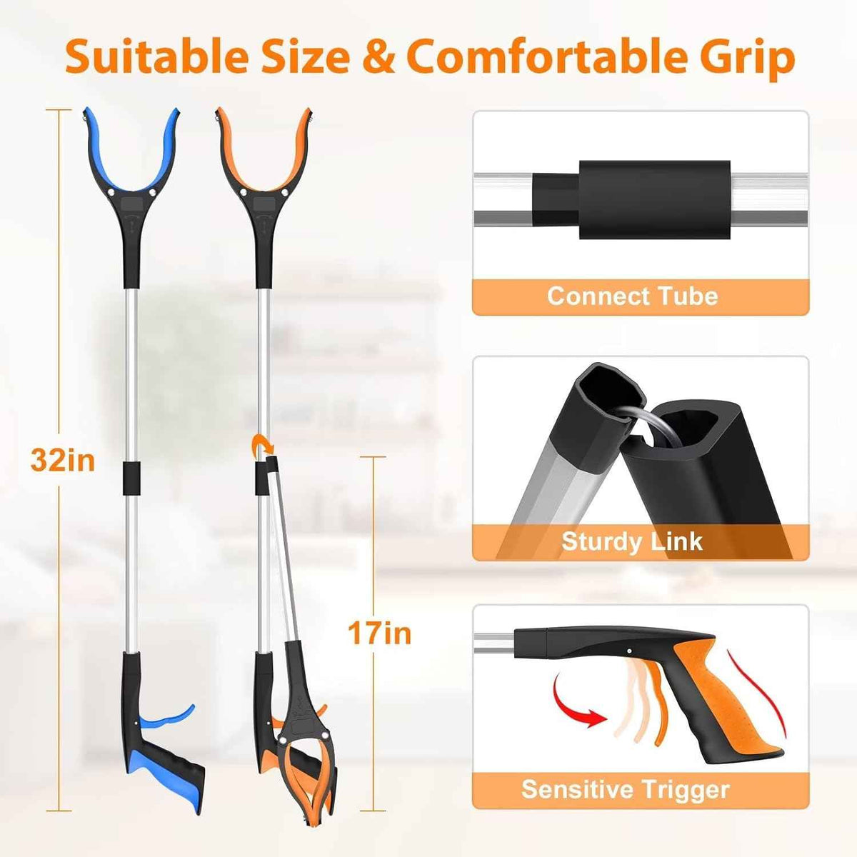 32" 2-pack grabber reacher tool with 360° rotating jaw & magnet, foldable, durable, for seniors and limited mobility