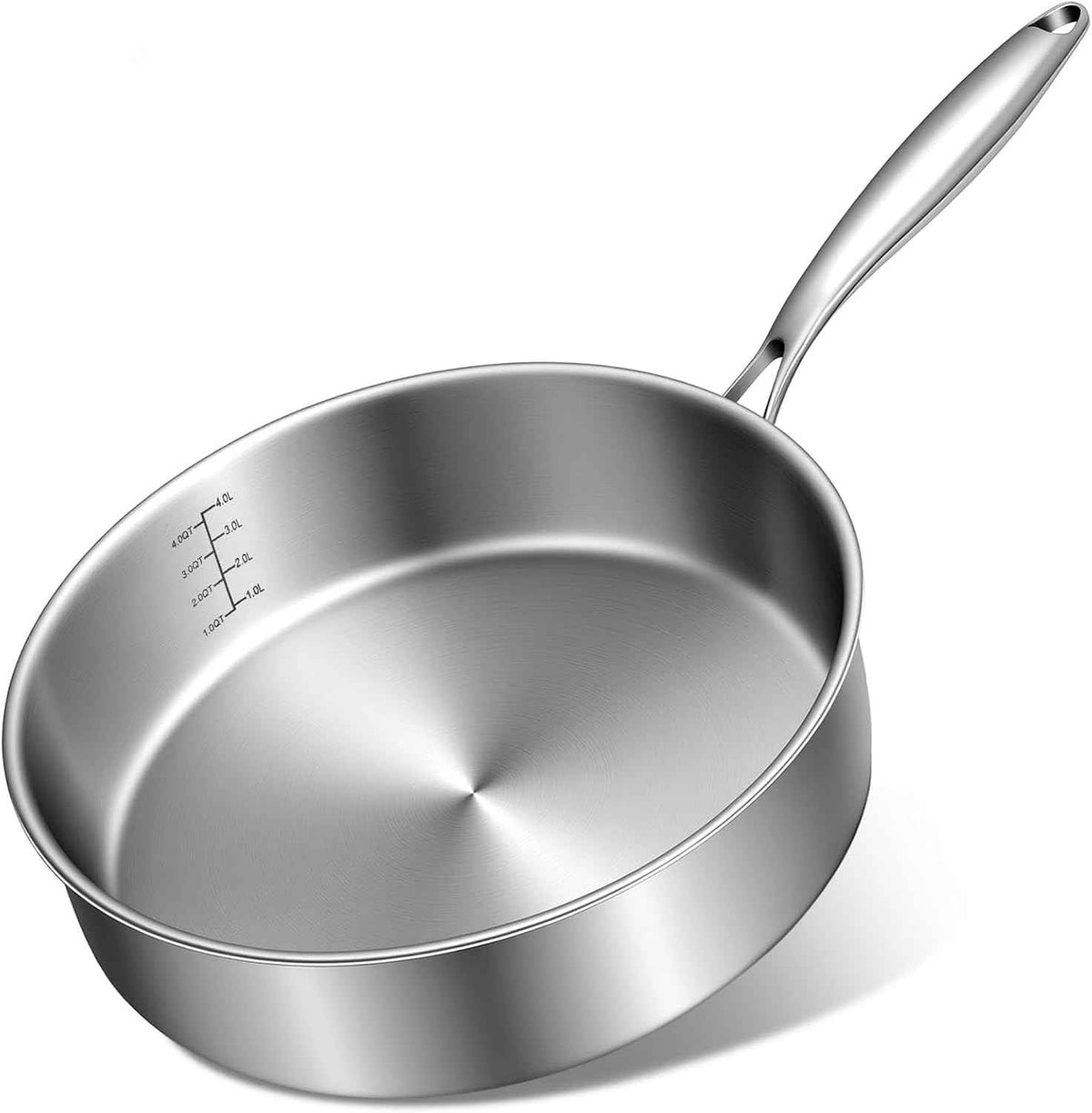 EWFEN 12 Inch Tri-Ply Stainless Steel Frying Pan, Compatible with All Cooktops Up to 600℉, Large Frying Pan with lids, Induction-Ready Skillet, Dishwasher and Oven Safe, Even Heat, 12" Saute Pan+Lid