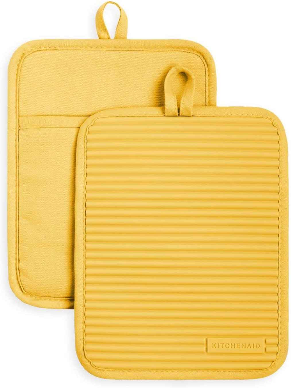 KitchenAid ribbed soft silicone pot holders 2-pack set heat resistant to 500f, matte black 7x9 inches