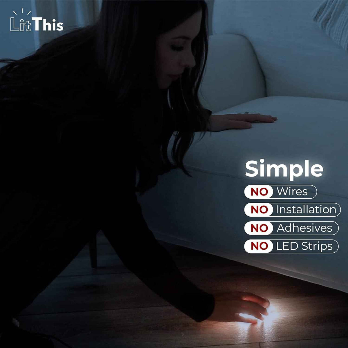 LitThis patented 360° motion-activated night light for under bed, easily positioned, dimmable, auto on/off