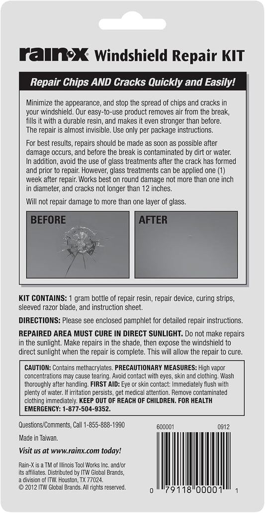 Rain-X 600001 Windshield Repair Kit - Quick and Easy Durable Resin Based Windshield Repair Kit for Chips and Cracks, Good for Round Damage Below 1" in Diameter and Cracks Smaller Than 12" in Length
