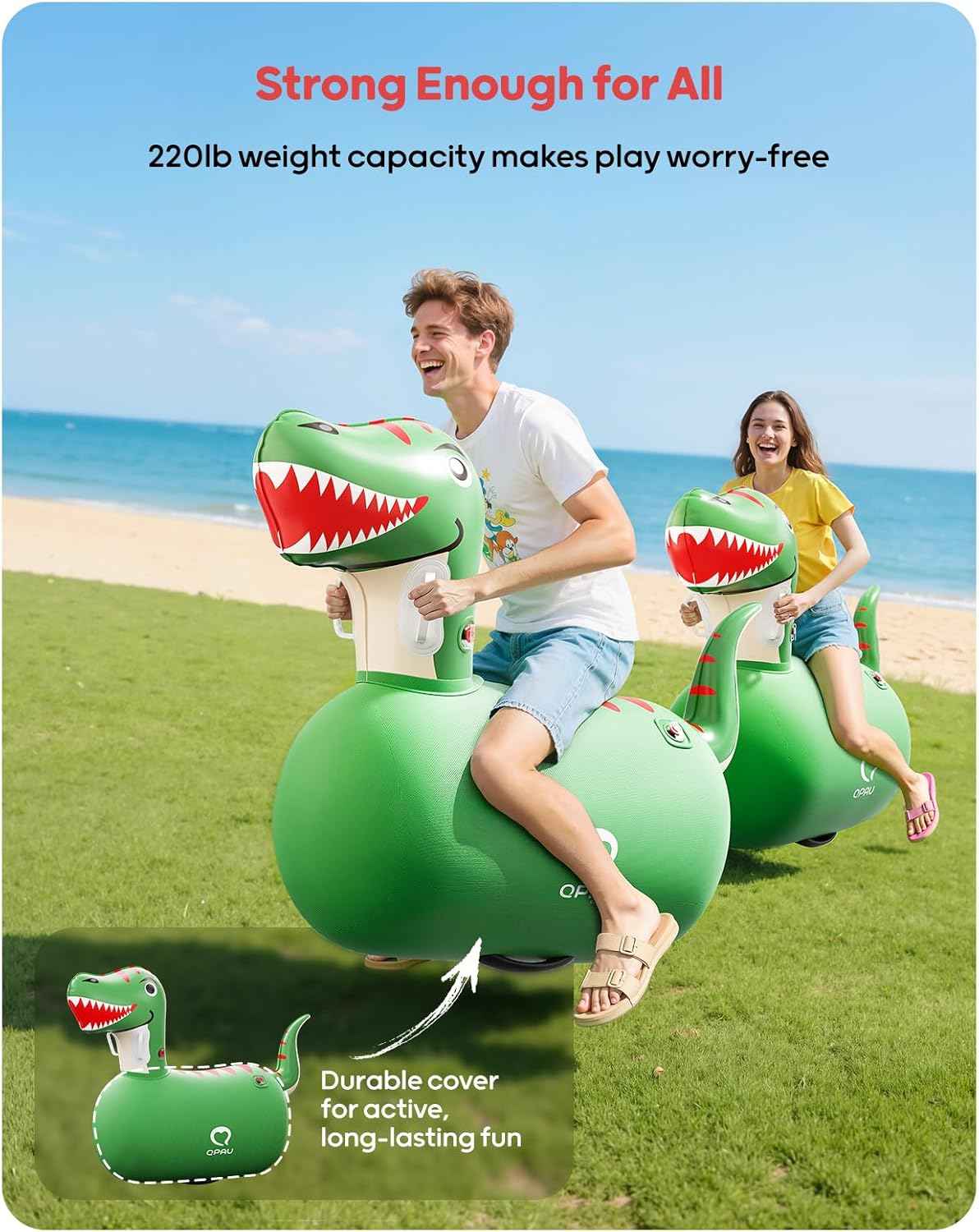 q pau inflatable bouncy dinosaur toys 2 pcs with hand pump, heavy duty giant bouncy pal, 220lbs load capacity, fun ride on bouncer for kids girls boys ages 5+