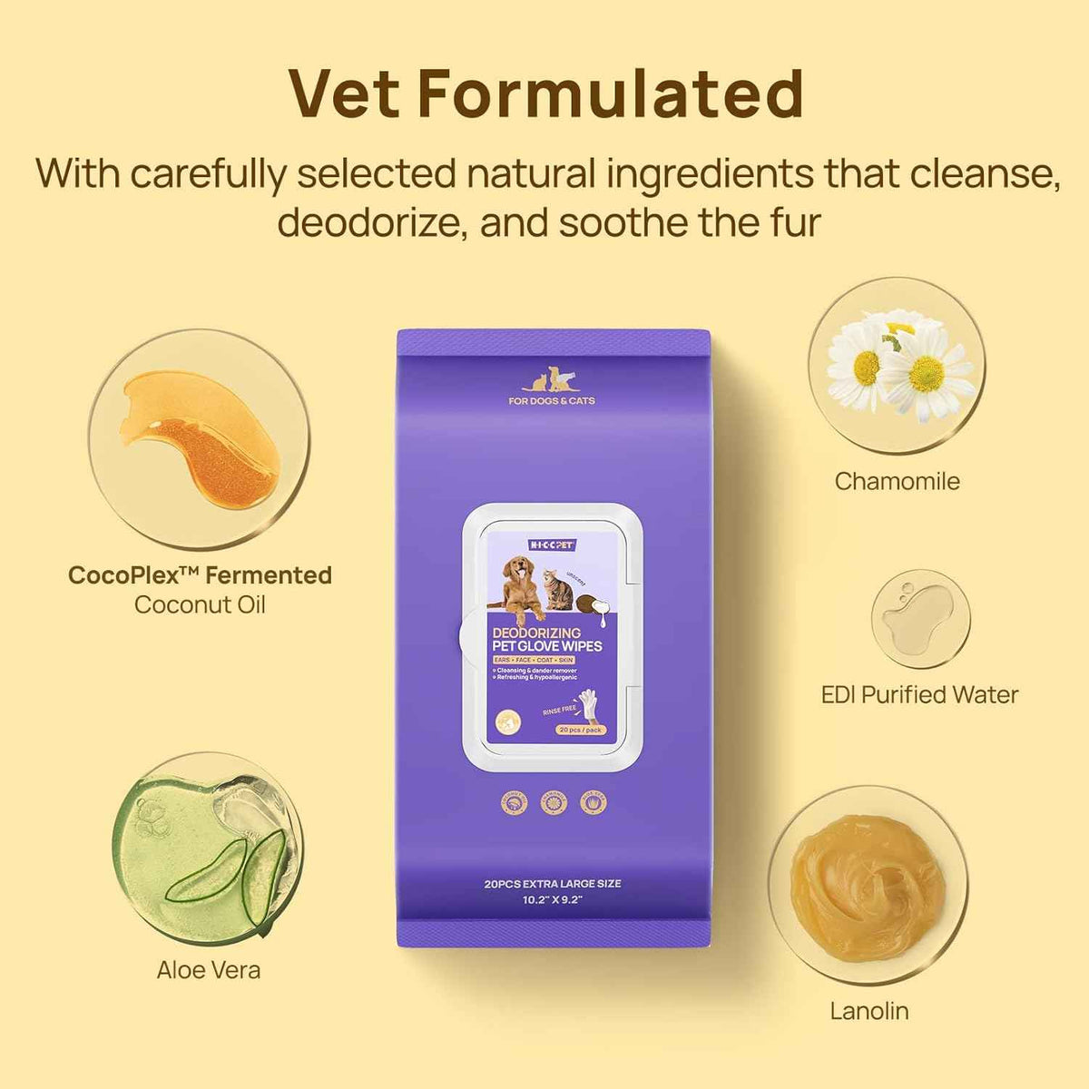 hicc pet cleaning deodorizing glove wipes for dogs & cats, vet recommended, hypoallergenic, coconut oil