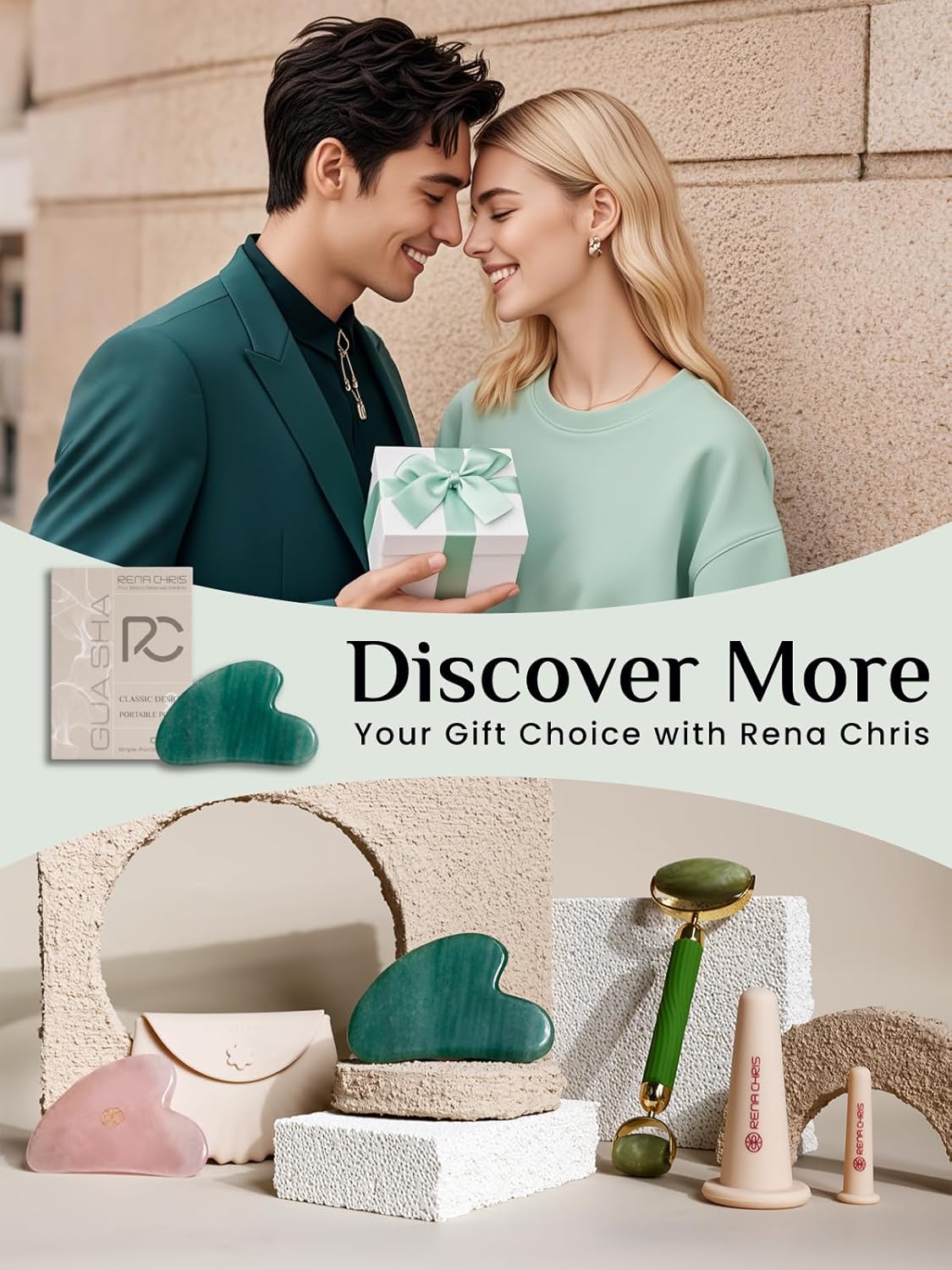 Rena Chris Gua Sha Facial Tools: Jade Stone Guasha Tool for Face Acupuncture Therapy, Facial Massager for Jawline Sculpting and Puffiness Reducing (Green)