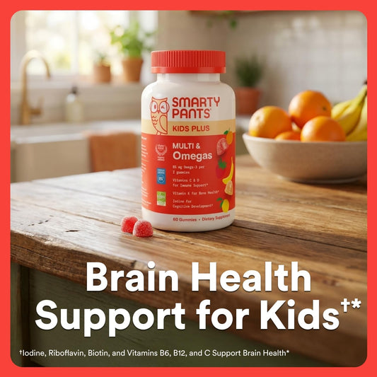 SmartyPants Kids Multivitamin Gummies with Omega 3 DHA/EPA, Vitamins D3, C, B12, B6, A, K, and Zinc, Gluten Free, Clean Label, Three Fruit Flavors, 60 Gummies (30 Day Supply)