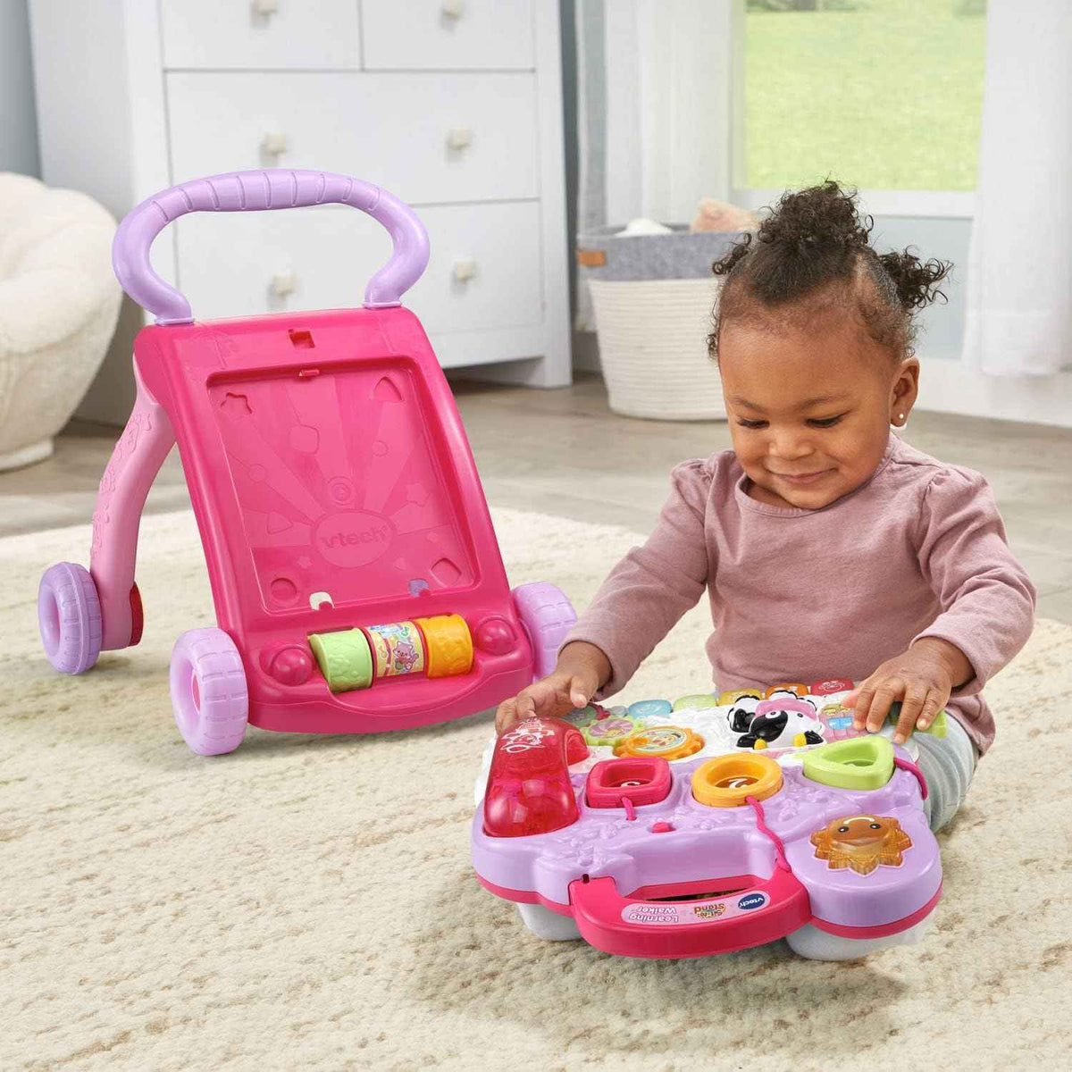 vtech sit-to-stand learning walker with pink frustration free packaging for 9-36 month babies