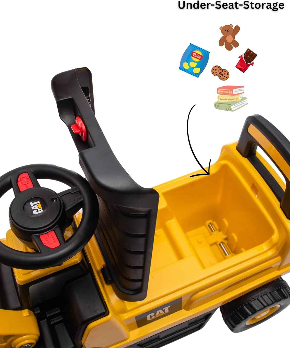 CAT licensed excavator push car for toddlers with rotating bucket and storage