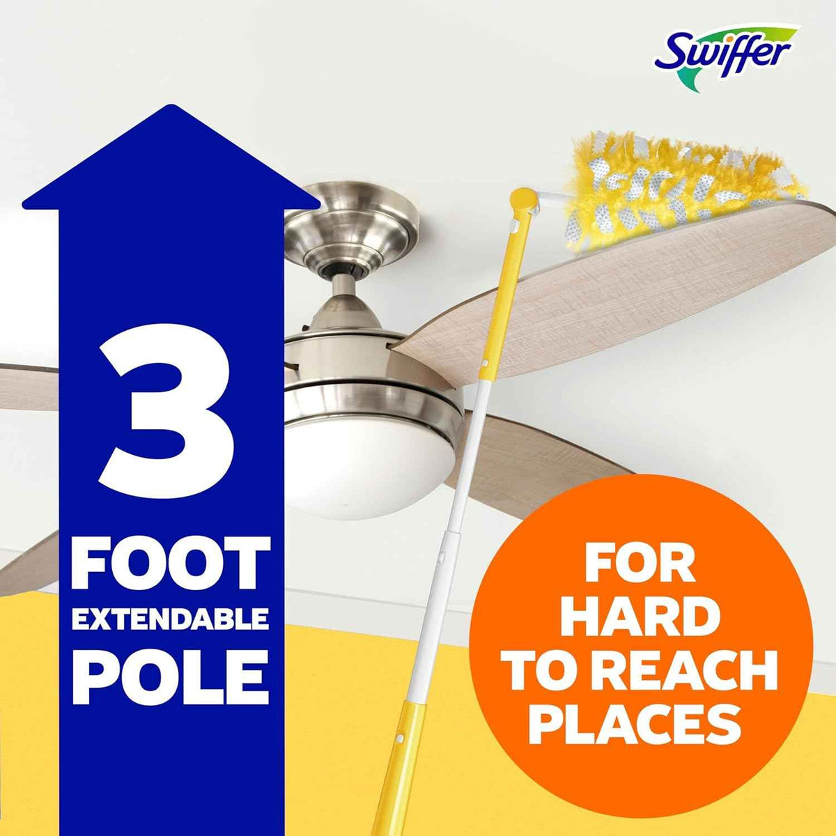 swiffer heavy duty 3 ft extendable handle starter kit with 3 refills, 2x more fibers, allergen removal