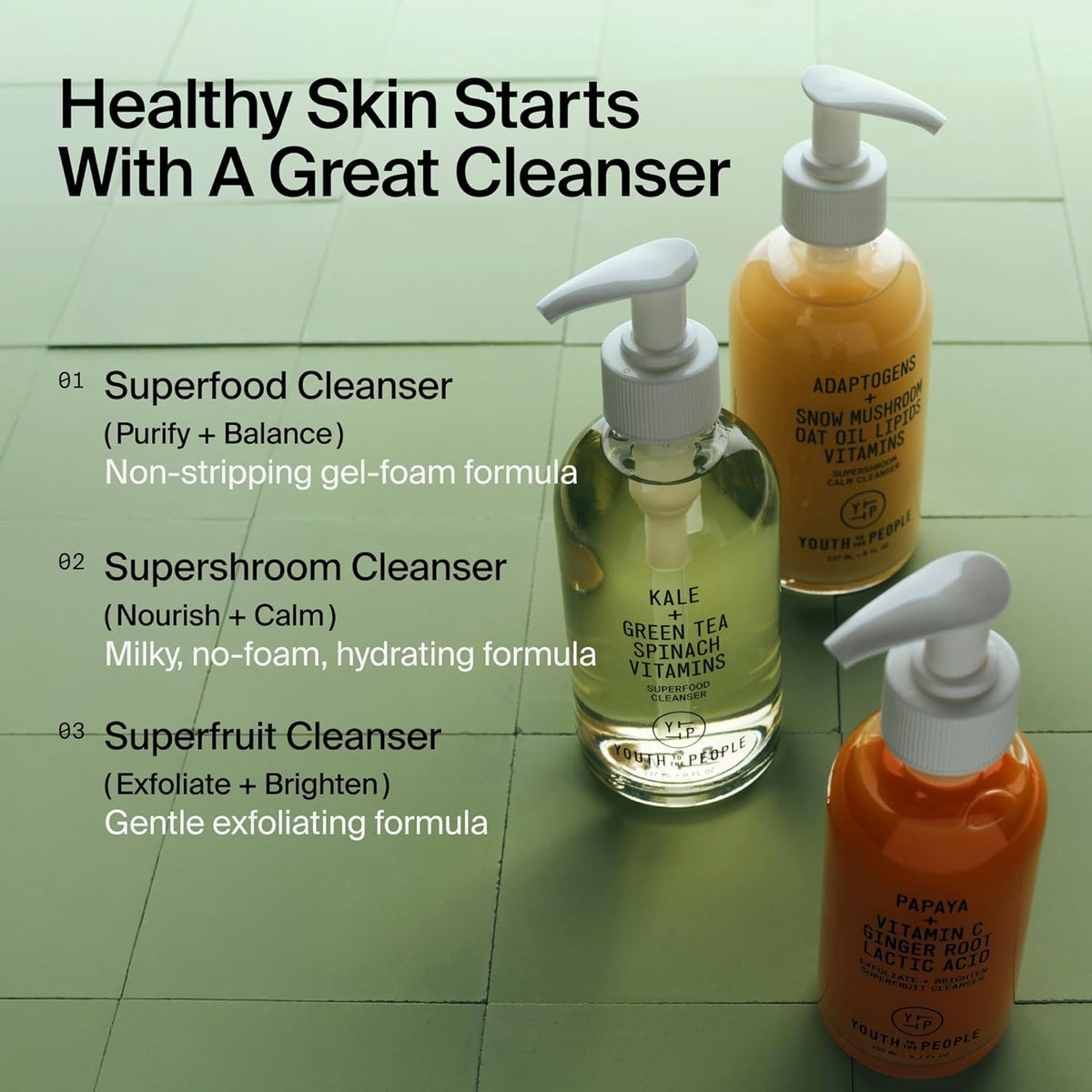 Youth To The People Superfood Facial Cleanser - Kale + Green Tea Daily Face Wash, Gently Removes Makeup, SPF, and Oils, Soothing Antioxidants for Glowing Skin, pH Balance, Clean Pores, Refillable