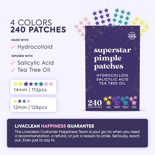 Livaclean Star Pimple Patches for Face w/ Hydrocolloid, Tea Tree oil & Salicylic Acid - Zit Stickers, Hydrocolloid Acne Patches for Face - Cute Pimple Patch, Acne Stickers | w/Hydrocolloid, Salicylic Acid, Tea Tree, Healing Stickers, Zit Superstar