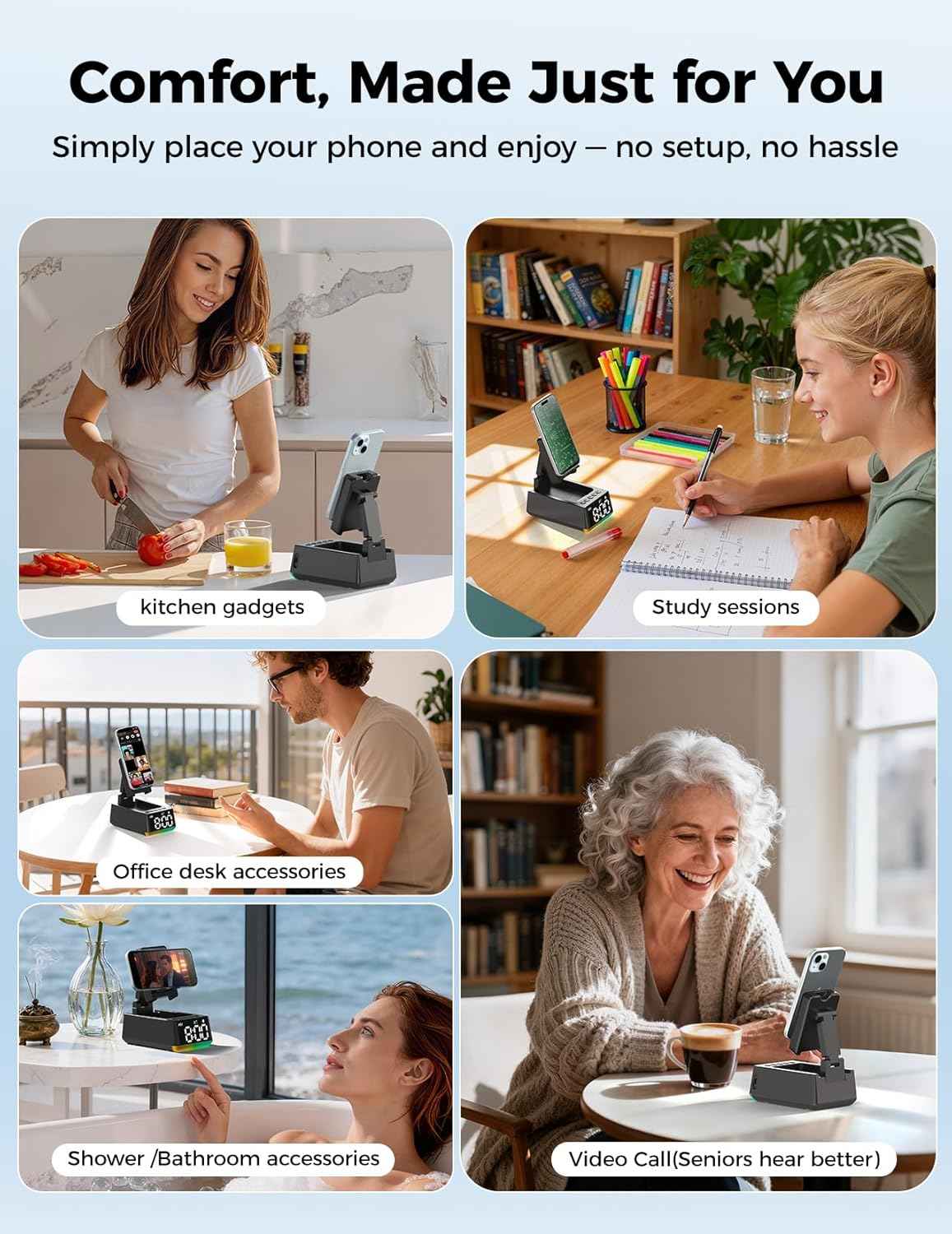 Bluetooth speaker for men and women - induction phone stand with HD sound and anti-slip base, perfect gift for him or her