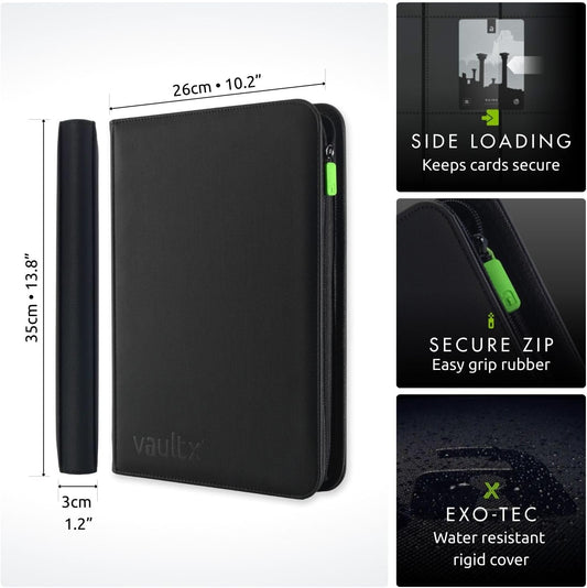 Vault X 9 Pocket Trading Card Zip Binder, 360 Cards, Premium Exo-Tec Album Material, 20 Side-Loading Pages, Folder for Collectible Games, Sports, TCG (Black)