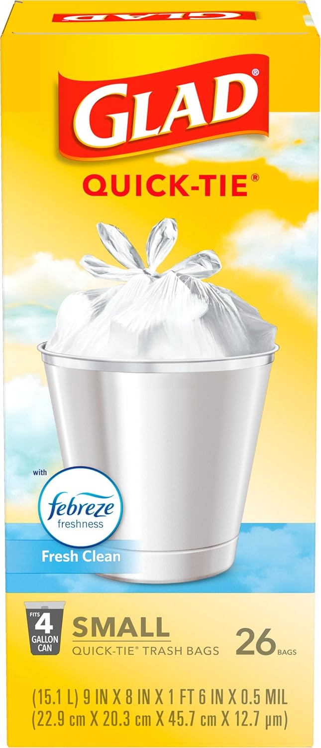 Glad 4 Gallon Small Trash Bags Febreze Fresh Clean Scent Quick-Tie Closures 26 Count