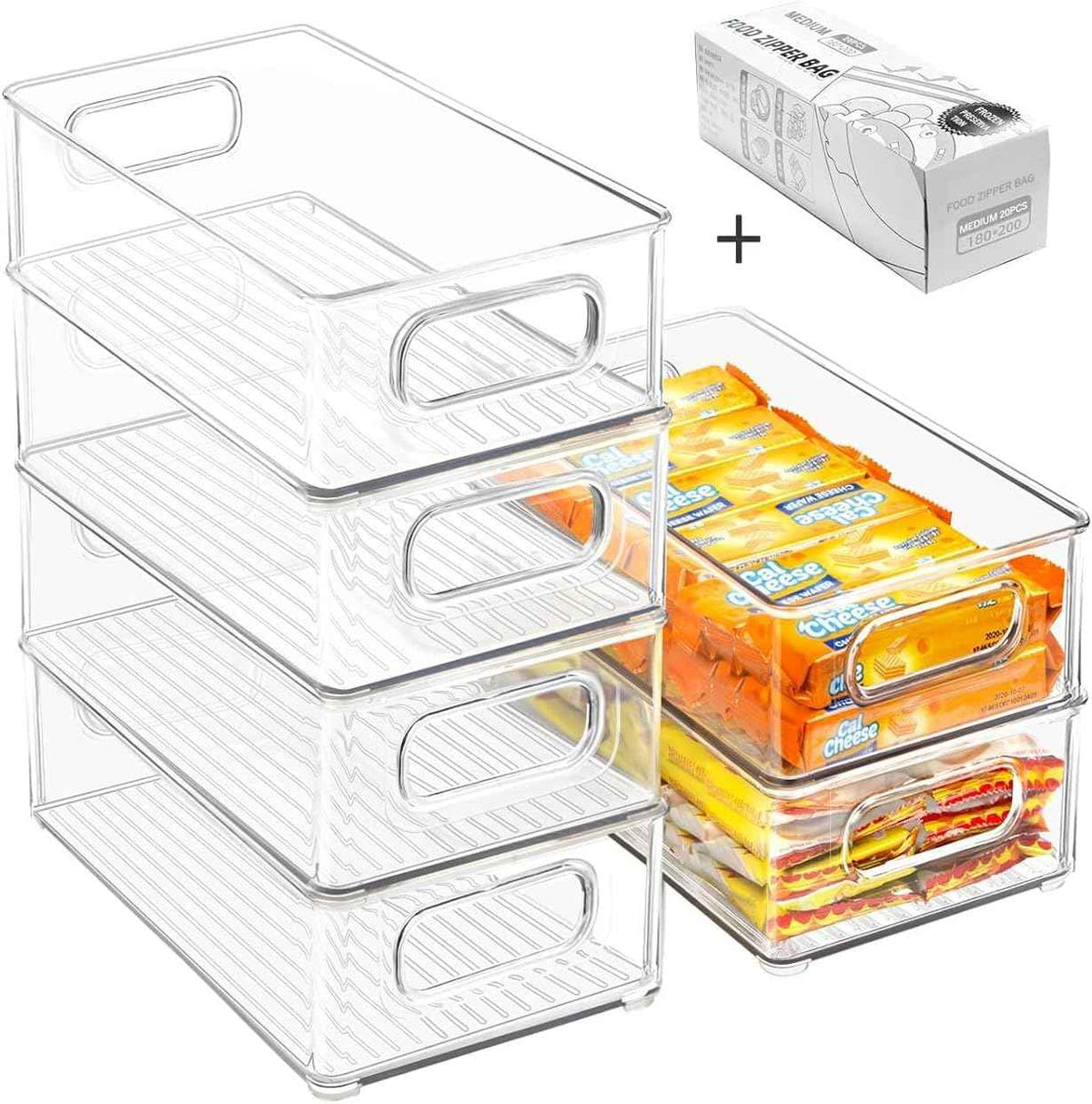 Clear Stackable Refrigerator Organizer Bins for Kitchen Storage, 6 Pack, Food Safe, BPA Free