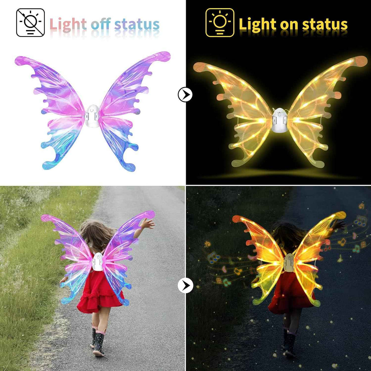 maysida electric fairy wings for girls, light up moving butterfly wings with led lights and music, halloween valentine birthday christmas party costume princess cosplay