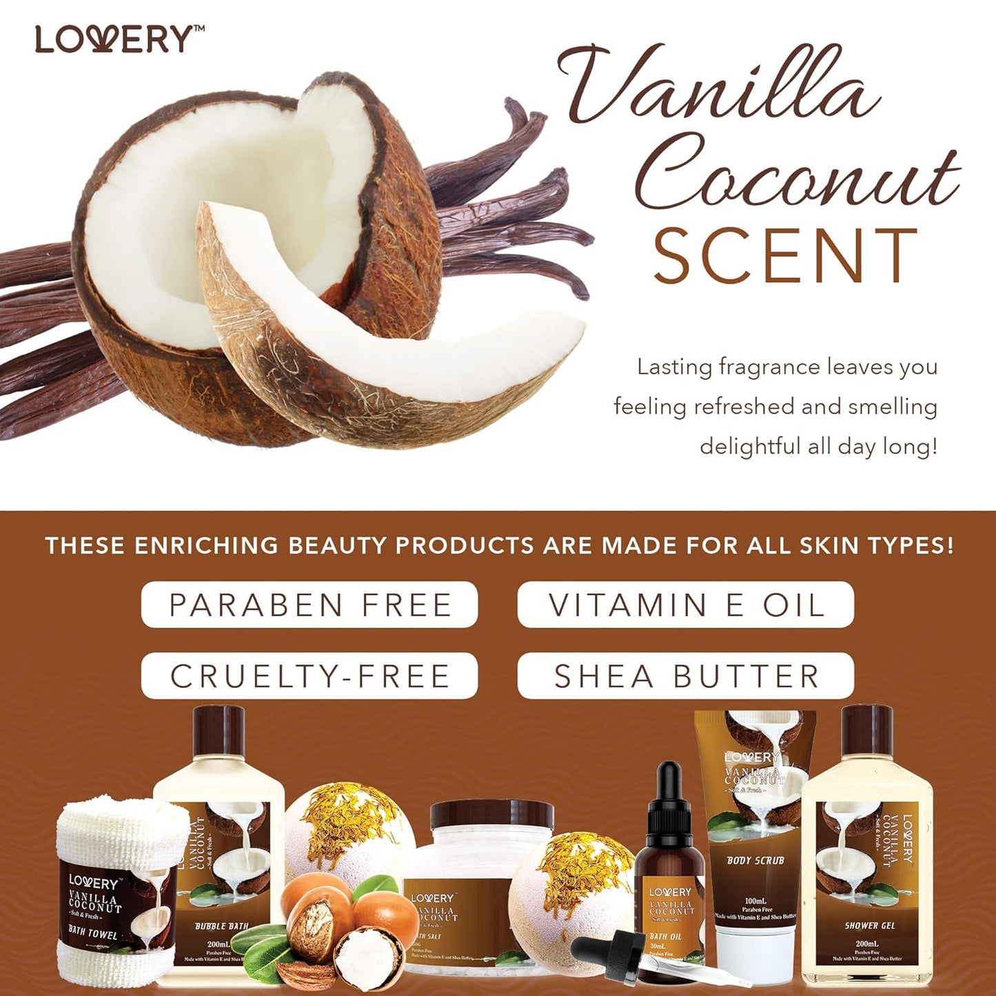 Gifts For Women Gift Basket for Womenβ 9 Piece Set of Vanilla Coconut Home Spa Set, Luxurious Gifts for Her, Bath and Body Sets Includes Fragrant Lotions, Large Bath Bombs, Coconut Oil