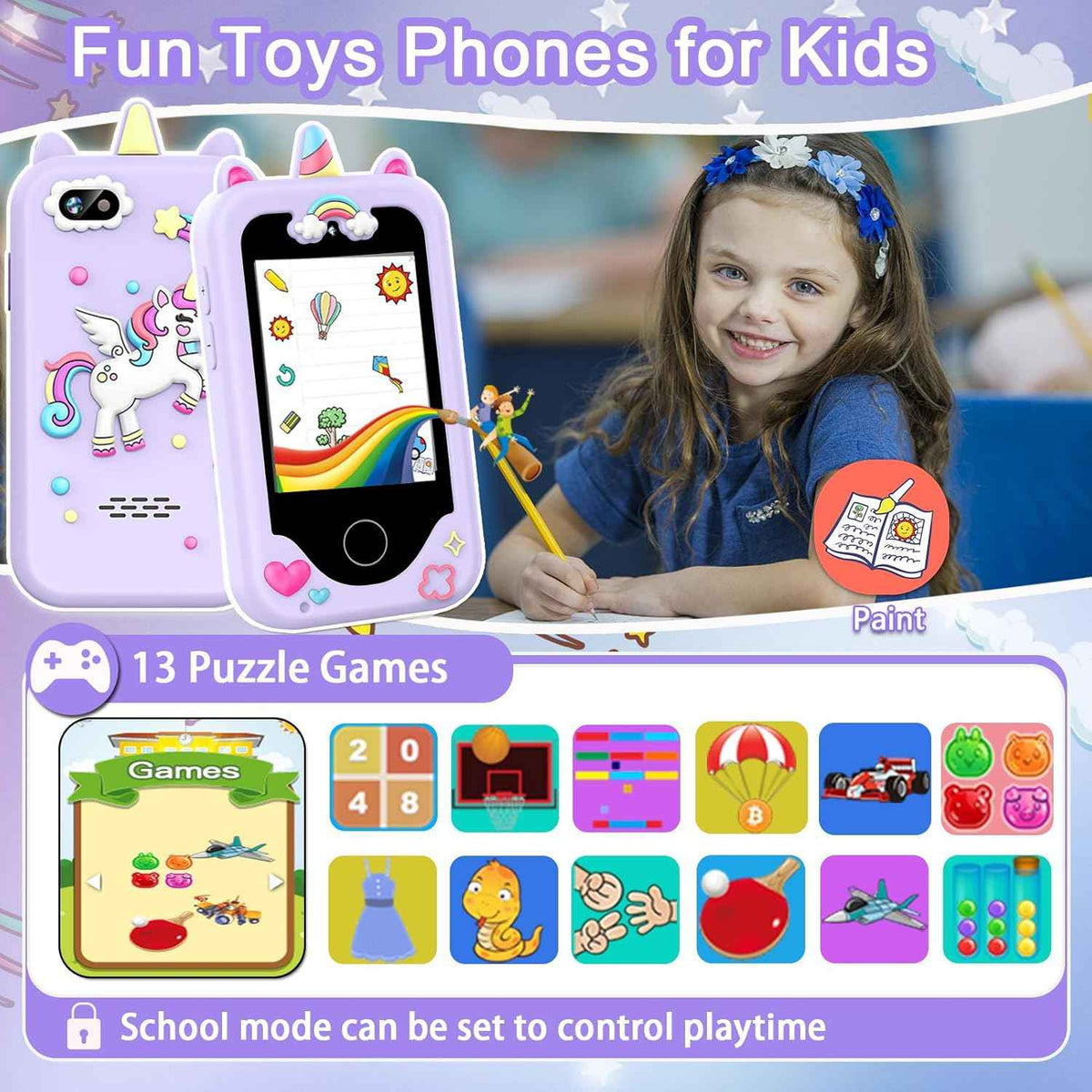 Purple 2.8" touchscreen kids phone for 3-10 year old girls, dual camera, music player, and learning games