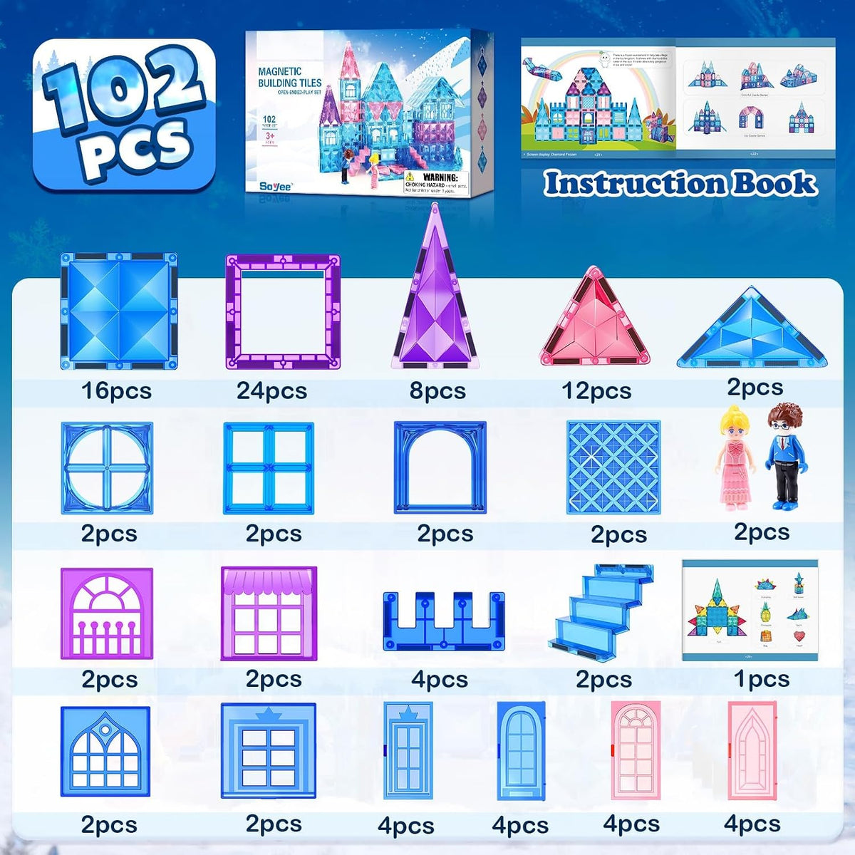 Magnetic Tiles 102pcs with 2 Stairs 2 Dolls Princess Castle Building Girls Toys Age 4-8 Magnetic Blocks Birthday Xmas Gifts for Girls Toys for 3, 8+ Year OldMagnetic Tiles 102pcs with 2 Stairs 2 Dolls Princess Castle Building Girls Toys