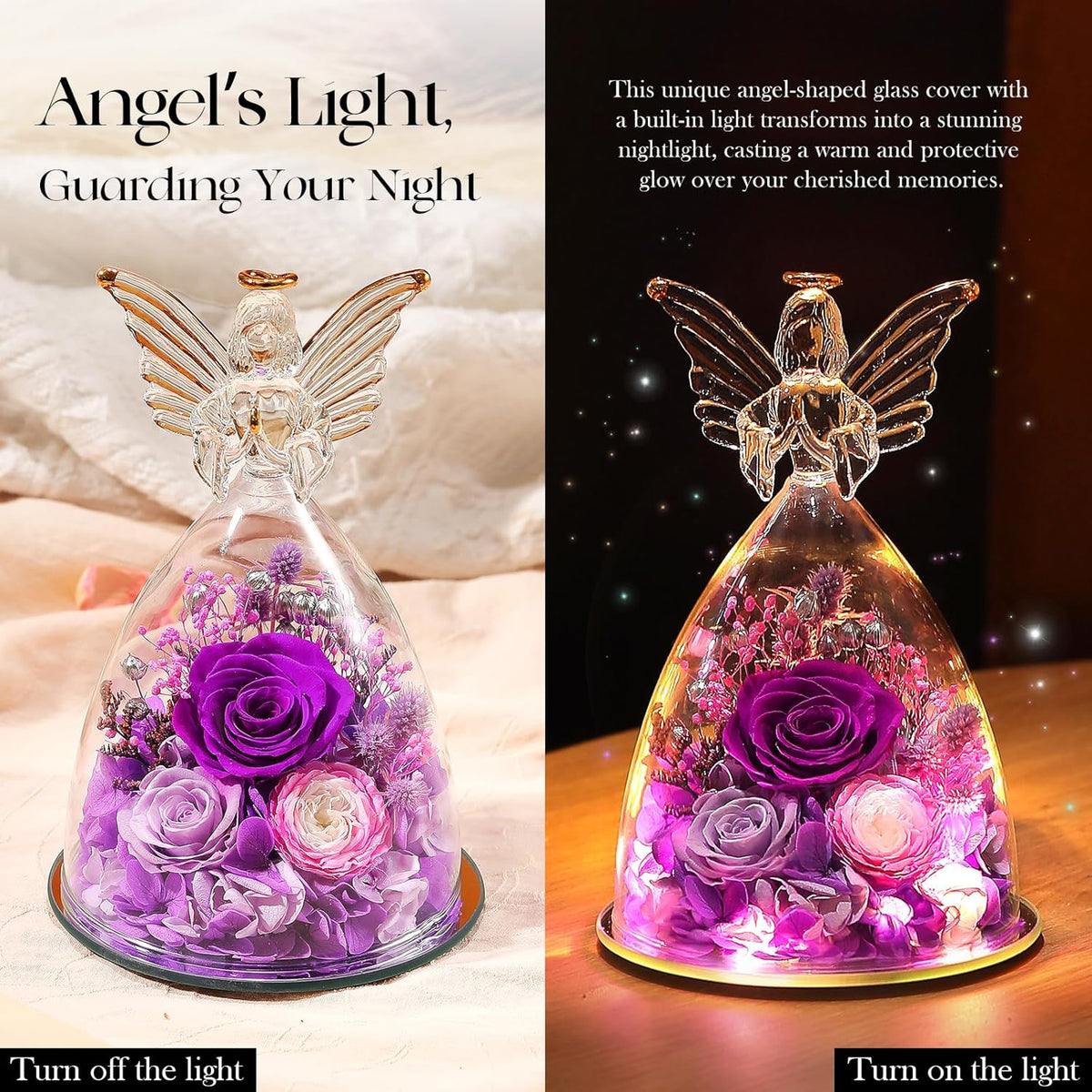 Mothers Day Roses Gifts for Mom Forever Preserved Real Roses Flowers in Glass Angel Figurines Fresh Flowers for Delivery for Grandma Women Mom Wife from Daughter/Purple