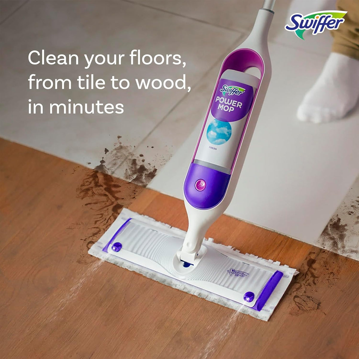 Swiffer PowerMop Multi-Surface Cleaning Kit with Rechargeable Handle and Fresh Scent Solution for Hardwood, Tile, and Laminate Floors