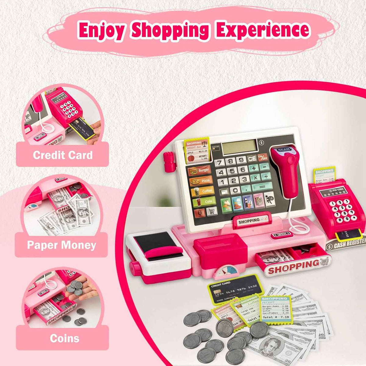 kids cash register toy with music real calculator scanner learning for 3-8 year old girl