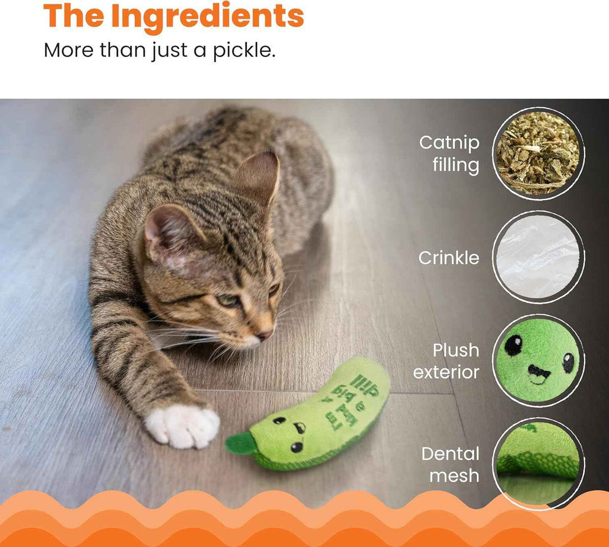Catstages Crunchy Pickle Kicker Cat Toy 6.5 inches Plush Crinkle Catnip Dental Mesh Toy