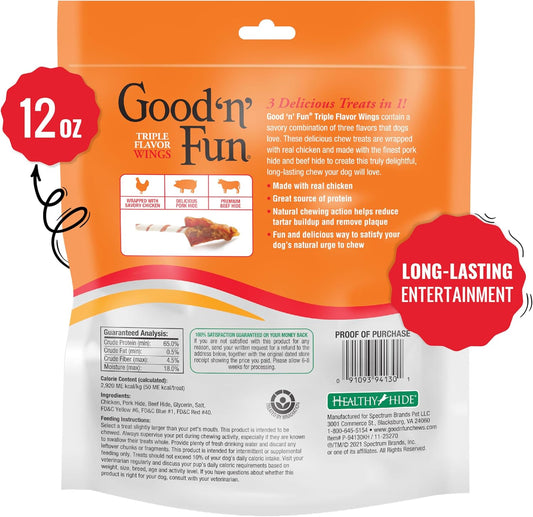 Good ‘n’ Fun Triple Flavor Wings Chews for All Dogs, 12 Ounces, Treat Your Dog to Long-Lasting Chews Made from Chicken, Pork Hide and Beef Hide