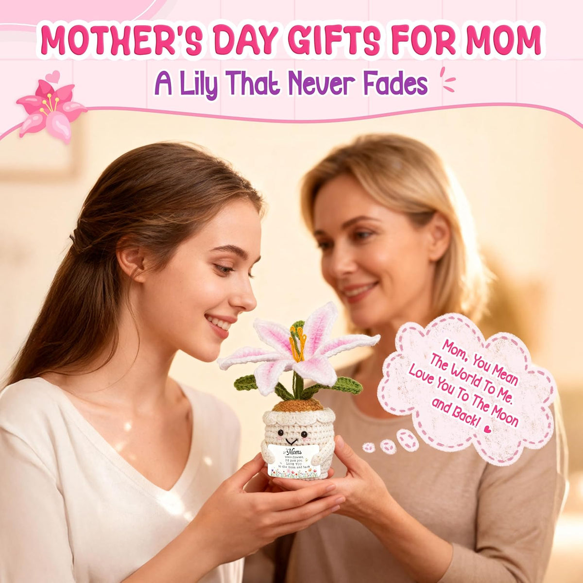 OASSIE Gifts for Mom - Emotional Support Crochet Lily Flower - Proud of You Motivational Positive Mothers Day Birthday Gifts for Mom from Daughter Son, Mother Gift, Mama Gift