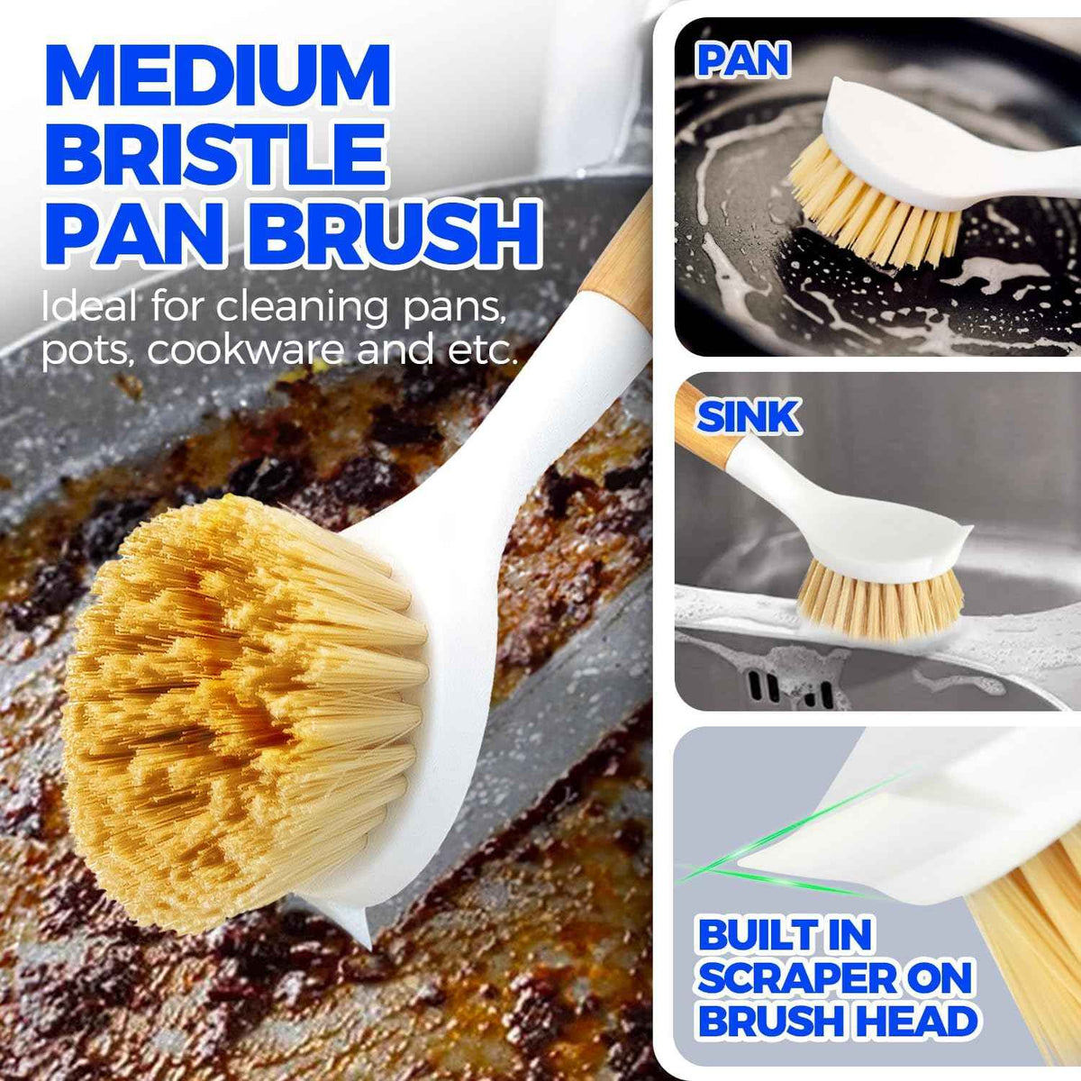 Holikme 3 Pack Dish Brush Set with Bamboo Handle, Kitchen Brushes for Cleaning Pot, Sink and Stove