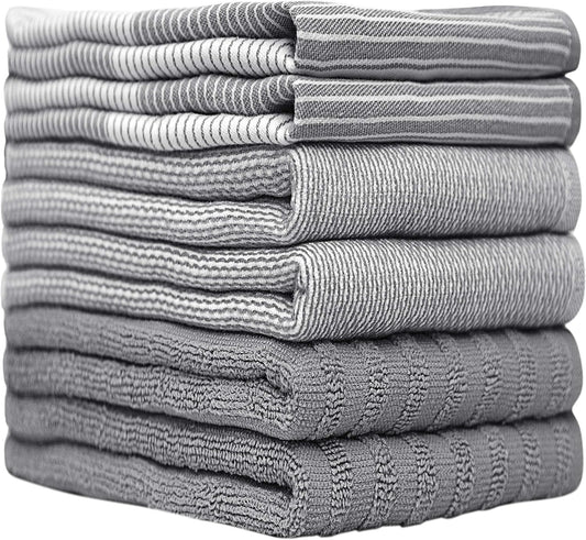 Premium Kitchen Towels (20”x 28”, 6 Pack) | Large Cotton Dish Towels | Flat & Terry Highly Absorbent Kitchen Linen Set with Hanging Loop | Gray