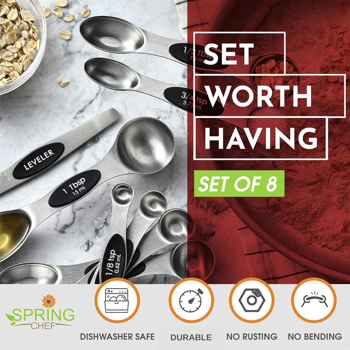 Spring Chef Stainless Steel Magnetic Measuring Spoons Set, Heavy Duty Metal Kitchen Gadgets