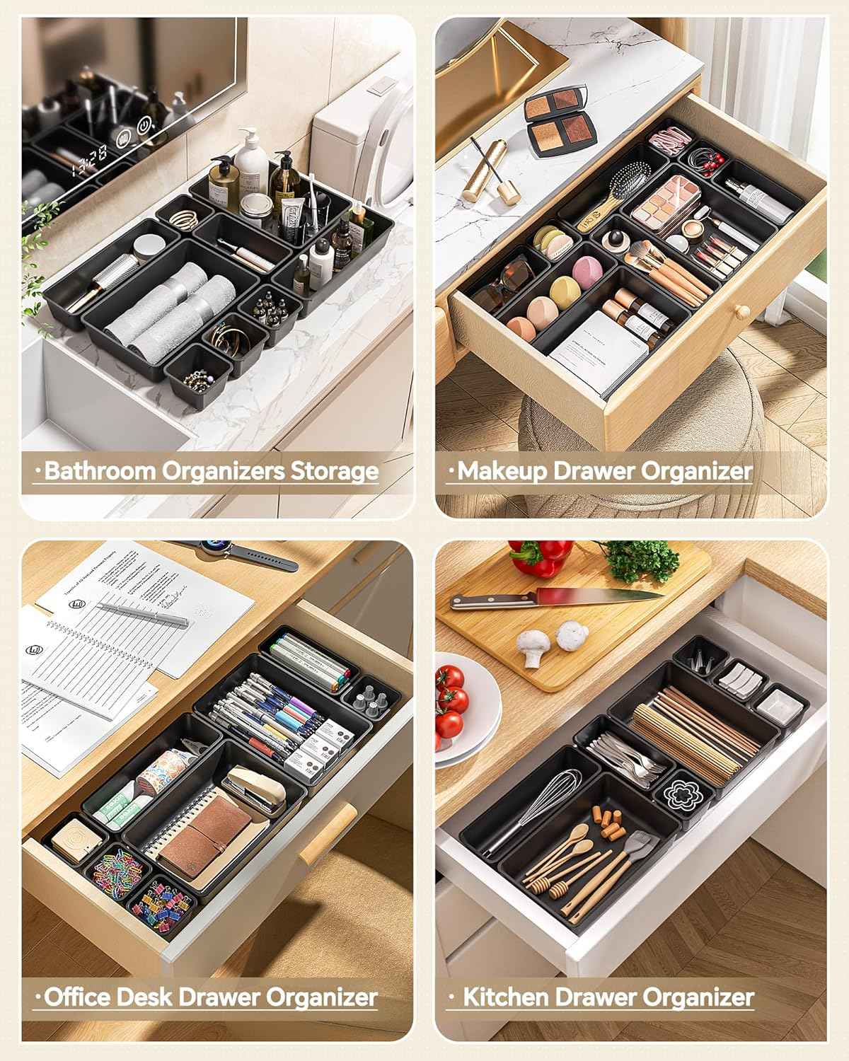 25-piece plastic drawer organizer set for makeup and desk storage, 4 sizes, black, stackable, easy to assemble