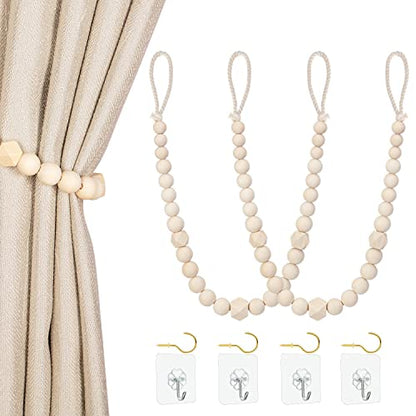 KLOGTSIND Magnetic Curtain Tiebacks, Curtain Holdbacks for Curtains 2 Pack, Wood Bead Curtain Holders for Boho Bedroom Decor, Baby Nursery Decor, Farmhouse Decor
