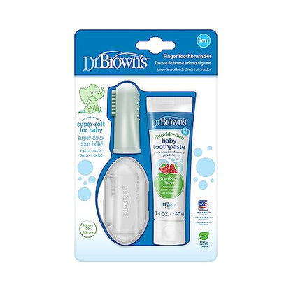 Dr. Brown's 100% Silicone Baby Finger Toothbrush and Toothpaste Set, 2-Pack Toothbrush with Storage Case, Fluoride-Free Strawberry Toddler Toothpaste, Gray & Light-Green