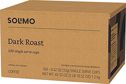 Solimo Dark Roast Coffee Pods, Compatible with Keurig 2.0 K-Cup Brewers 100 Count(Pack of 1)