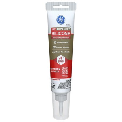 GE Advanced Silicone Caulk for Kitchen & Bathroom, White, 2.8 fl oz Tube, 1 Pack - 100% Waterproof Silicone Sealant, 5X Stronger Adhesion, Shrink & Crack Proof