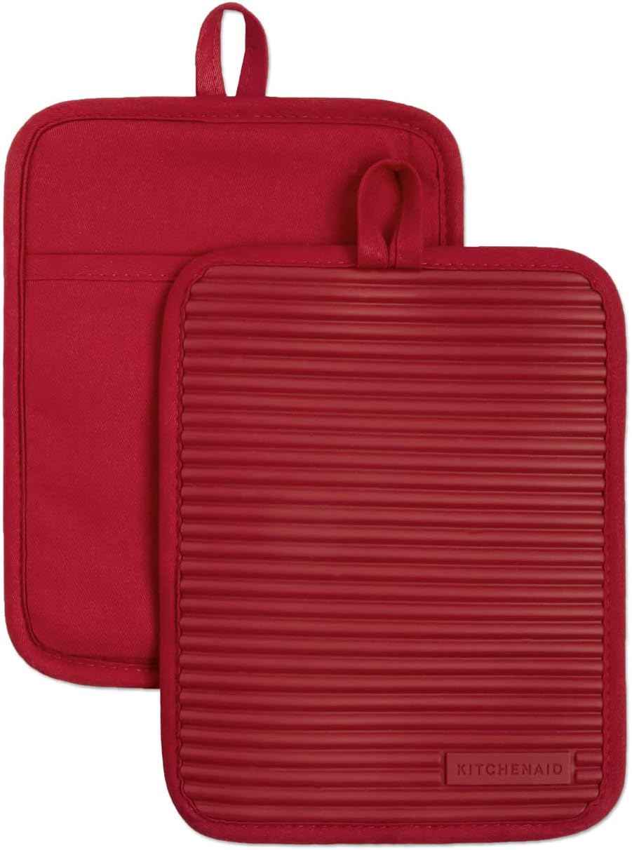 KITCHENAID Ribbed Soft Silicone Pot Holder 2-Pack Set, Matte Black, 7"x9"
