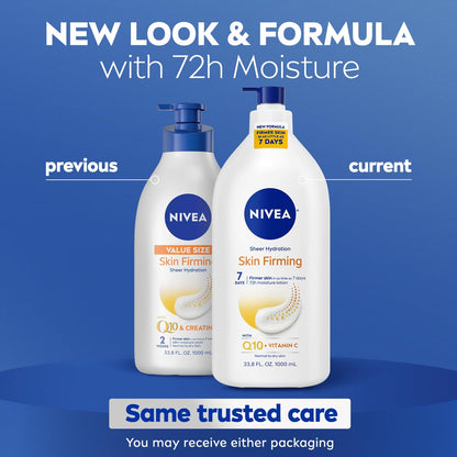 NIVEA Sheer Hydration Skin Firming Body Lotion with Q10 and Vitamin C, 72-Hour Body Moisturizer for Normal to Dry Skin, 33.8 Fl Oz Value Size Pump Bottle