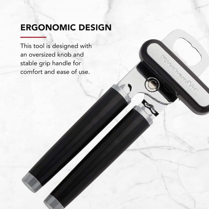 KitchenAid Classic Multifunction Can Opener and Bottle Opener Easy to Use, Razor Sharp Stainless Steel Cutting Wheel, Soft Ergonomic Handles, Black