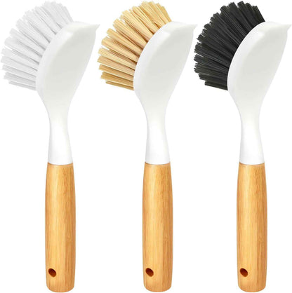 Holikme 3 Pack Dish Brush Set with Bamboo Handle, Kitchen Brushes for Cleaning Pot, Sink and Stove
