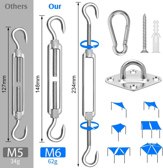Sun Shade Sail Hardware Kit 6 Inch for Rectangle & Triangle Shade Sail Install, Stainless Steel Shade Sail Fixing Accessories for Outdoor Patio Canopy Garden, Heavy Duty Awning Attachment Set (44 Pcs)