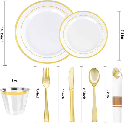 BestVIP 700PCS Gold Plastic Dinnerware Set for 100 Guests, BPA Free, Disposable Plates with Silverware, Cups, and Napkins