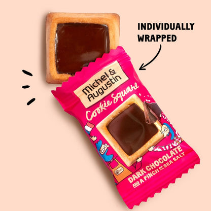 Michel et Augustin gourmet dark chocolate cookie squares, individually wrapped, 30-pack, French shortbread cookies with sea salt