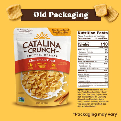 Catalina Crunch Protein Cereal | Sugar Free Breakfast Cereal with 11g of Protein | Gluten Free, Excellent Source of Fiber | Cinnamon Toast - 9 oz. Bag (Pack of 1) (Packaging May Vary)