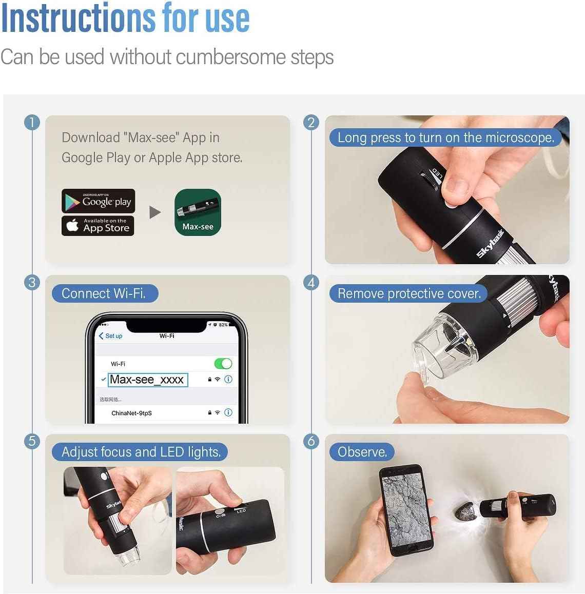 Skybasic 50X-1000X magnification wireless digital microscope with adjustable stand and HD USB camera