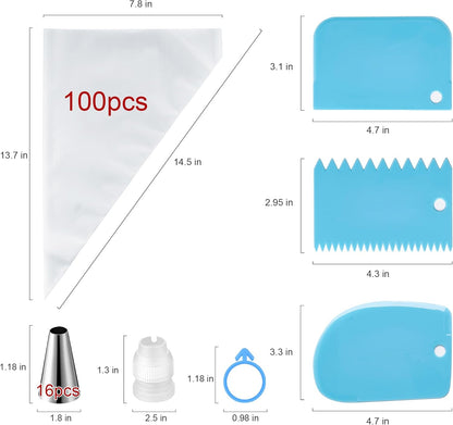 Piping Bags and Tips Set, Cakes Decorating Supplies Kit with 100pcs 12 Inch Pastry Bags, 16 Piping Tips, 3 Cake Scraper, 2 Couplers, 2 Bag Ties, Simple and Convenient Baking Supplies Set