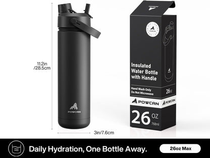POWCAN 26 oz Insulated Water Bottle with 2-in-1 Straw and Spout Lid, Keep Cold 24H, Leak-Proof, Fits in Car Cup Holder, Stainless Steel Water Bottle for Sports, Travel, and School (Dark Knight)